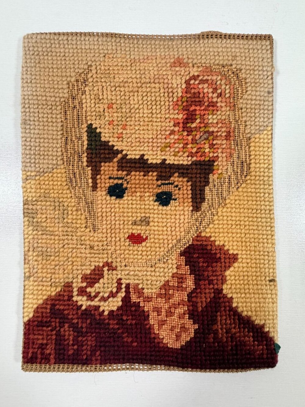 Vintage 3D Intricate Victorian Needlepoint Portrait Lady, Red Lips, Hat 6x8"